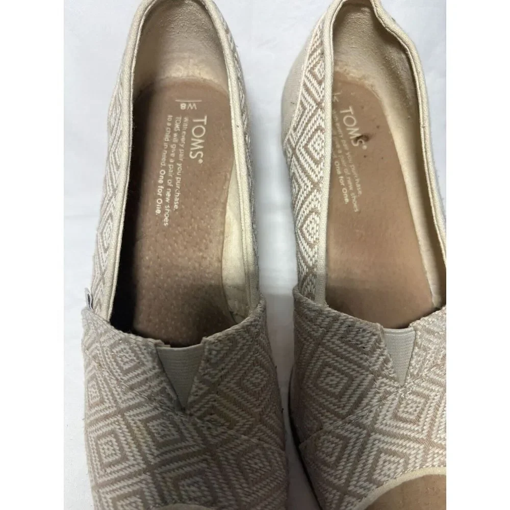 TOMS Tan Canvas Wedge Heel Shoes Open Peep Toe‎ Cork Heel Size 8 EUC S6